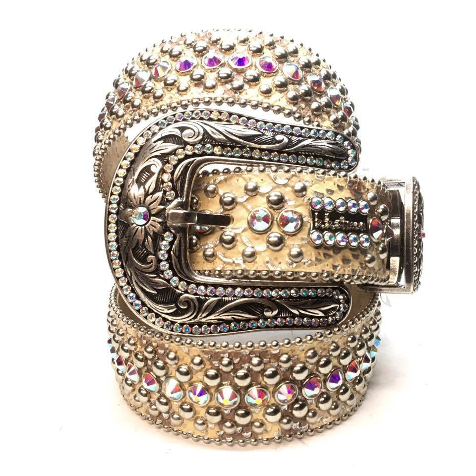 B.b. Simon "Beige Python" Crystal Belt – Dudes Boutique