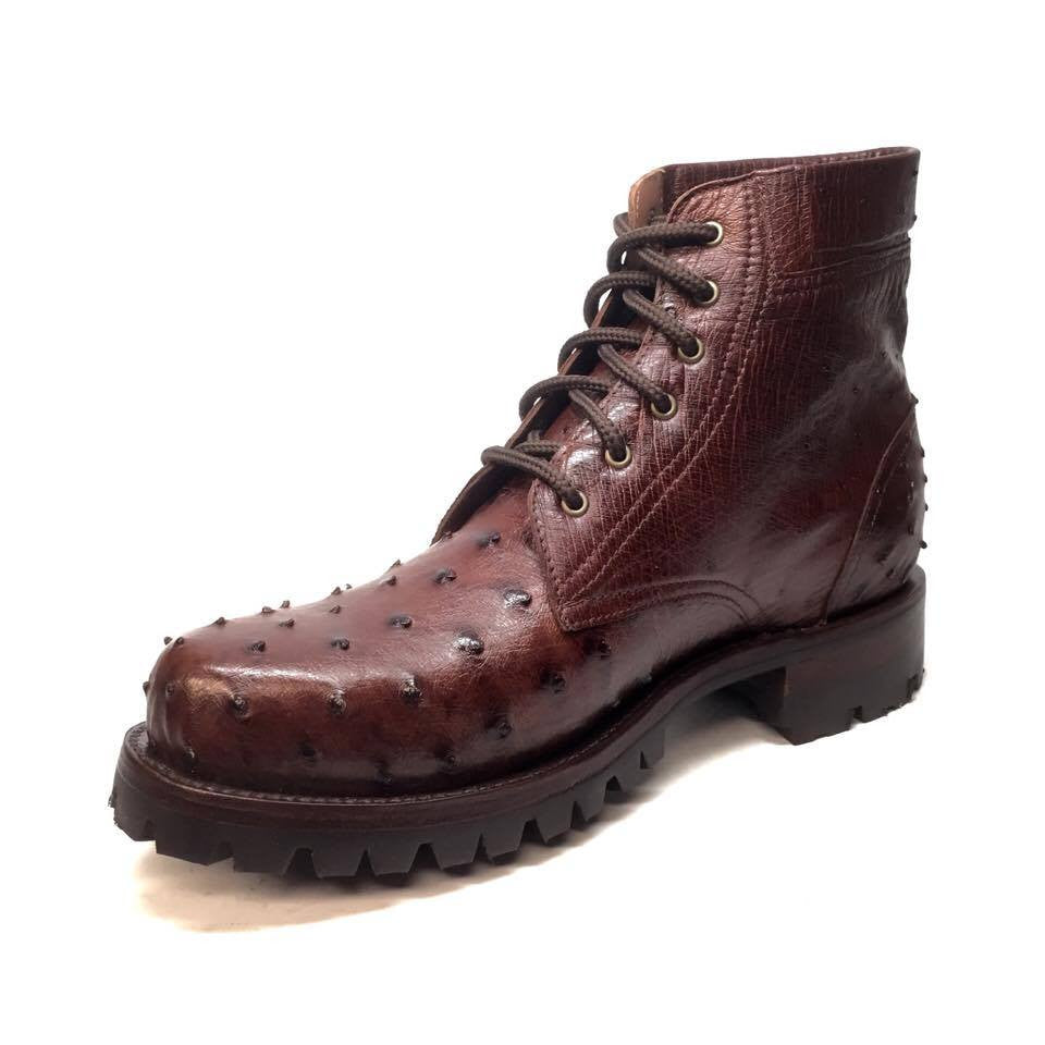 Safari Chocolate Ostrich Quill Combat Ankle Boots - Dudes Boutique