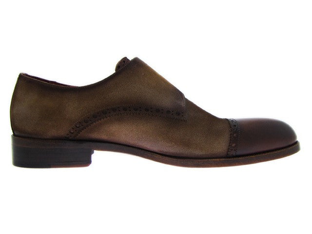 Paul Parkman Double Monkstrap Captoe Dress Shoe- Brown/ Beige Suede Upper And Leather Sole - Dudes Boutique