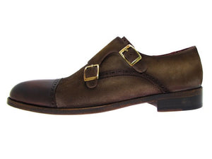 Paul Parkman Double Monkstrap Captoe Dress Shoe- Brown/ Beige Suede Upper And Leather Sole - Dudes Boutique