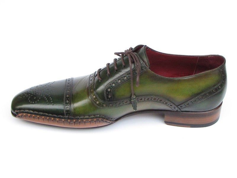 Paul Parkman Men's Side Handsewn Captoe Oxfords- Green/ Yellow Leather Upper and Leather Sole - Dudes Boutique