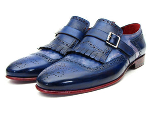 Paul Parkman Kiltie Monkstrap Shoes Dual Tone Blue Leather - Dudes Boutique