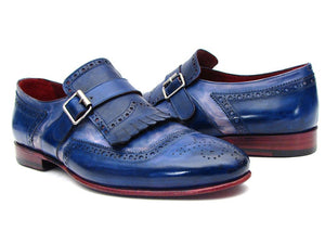 Paul Parkman Kiltie Monkstrap Shoes Dual Tone Blue Leather - Dudes Boutique