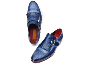 Paul Parkman Kiltie Monkstrap Shoes Dual Tone Blue Leather - Dudes Boutique