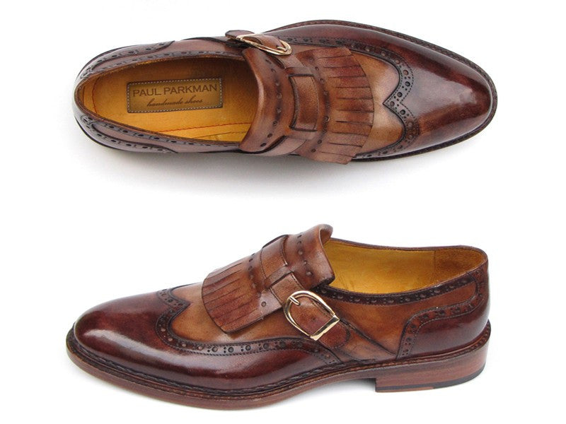 Paul Parkman Wingtip Monkstrap Brogues Brown Hand Painted Leather Upper With Double Leather Sole - Dudes Boutique