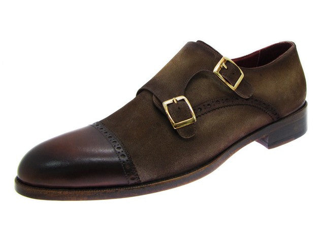 Paul Parkman Double Monkstrap Captoe Dress Shoe- Brown/ Beige Suede Upper And Leather Sole - Dudes Boutique