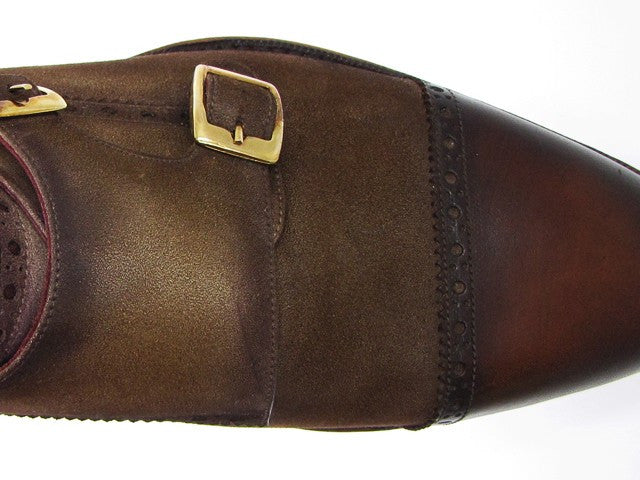 Paul Parkman Double Monkstrap Captoe Dress Shoe- Brown/ Beige Suede Upper And Leather Sole - Dudes Boutique