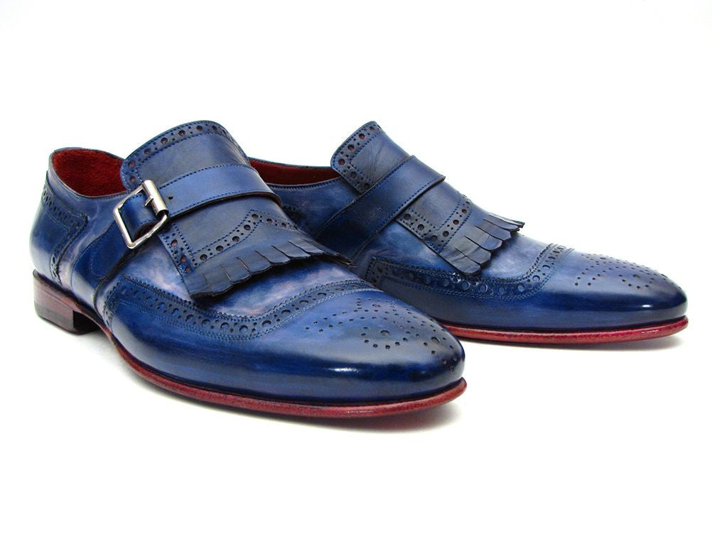 Paul Parkman Kiltie Monkstrap Shoes Dual Tone Blue Leather - Dudes Boutique