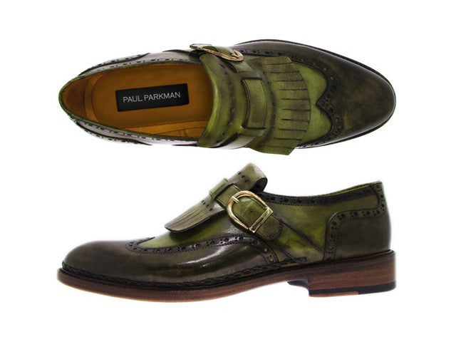 Paul Parkman Wingtip Monkstrap Brogues Green Hand Painted Leather Upper With Double Leather Sole - Dudes Boutique