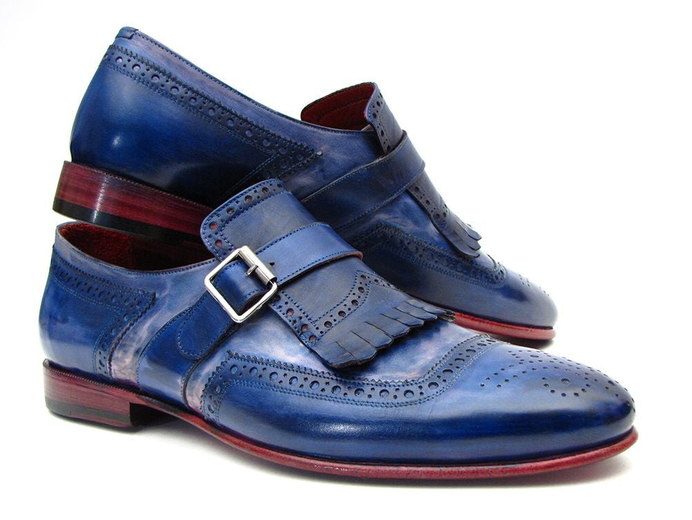 Paul Parkman Kiltie Monkstrap Shoes Dual Tone Blue Leather - Dudes Boutique