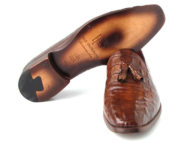 Paul Parkman Men's Brown Crocodile Embossed Calfskin Tassel Loafers - Dudes Boutique