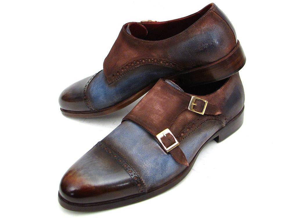 Paul Parkman Men's Captoe Double Monkstrap Antique Blue & Brown Suede - Dudes Boutique