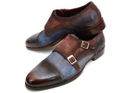 Paul Parkman Men's Captoe Double Monkstrap Antique Blue & Brown Suede - Dudes Boutique
