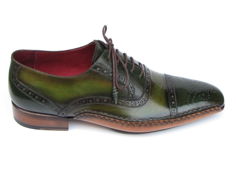 Paul Parkman Men's Side Handsewn Captoe Oxfords- Green/ Yellow Leather Upper and Leather Sole - Dudes Boutique