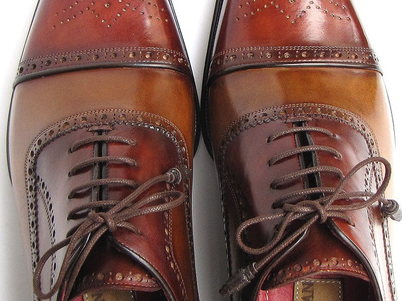 Paul Parkman Captoe Oxfords- Camel/ Red Hand-Painted Leather Upper And ...