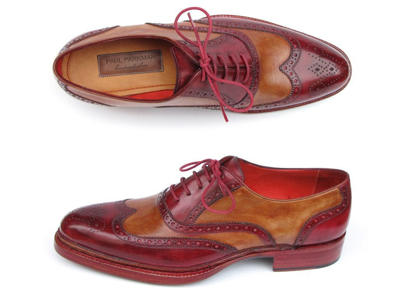 Paul Parkman Triple Leather Sole Wingtip Brogues Bordeaux & Camel - Dudes Boutique