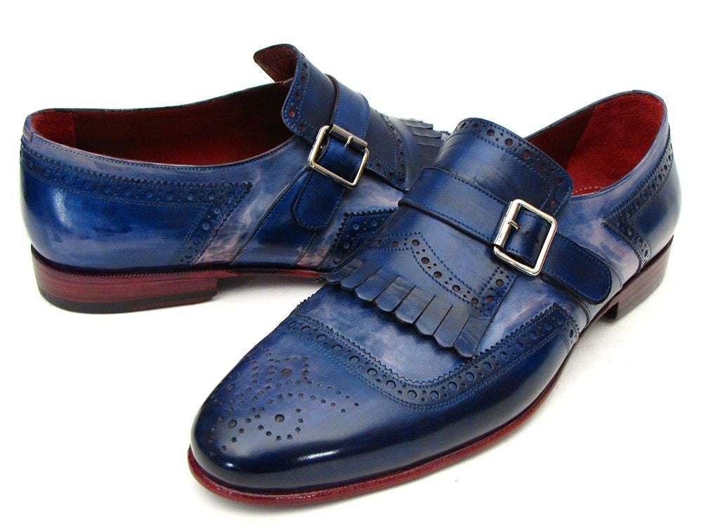 Paul Parkman Kiltie Monkstrap Shoes Dual Tone Blue Leather - Dudes Boutique