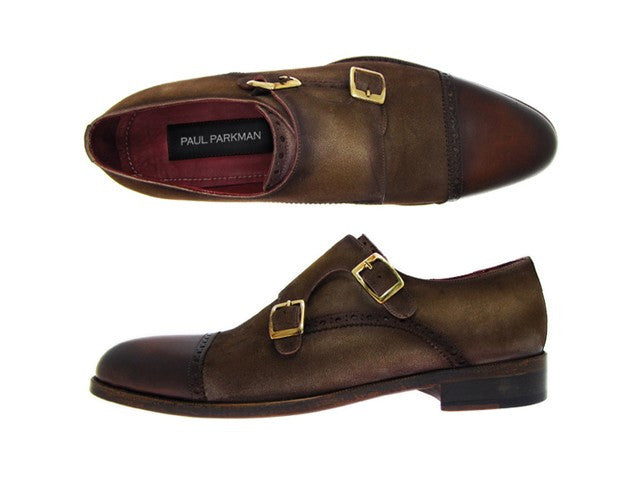 Paul Parkman Double Monkstrap Captoe Dress Shoe- Brown/ Beige Suede Upper And Leather Sole - Dudes Boutique