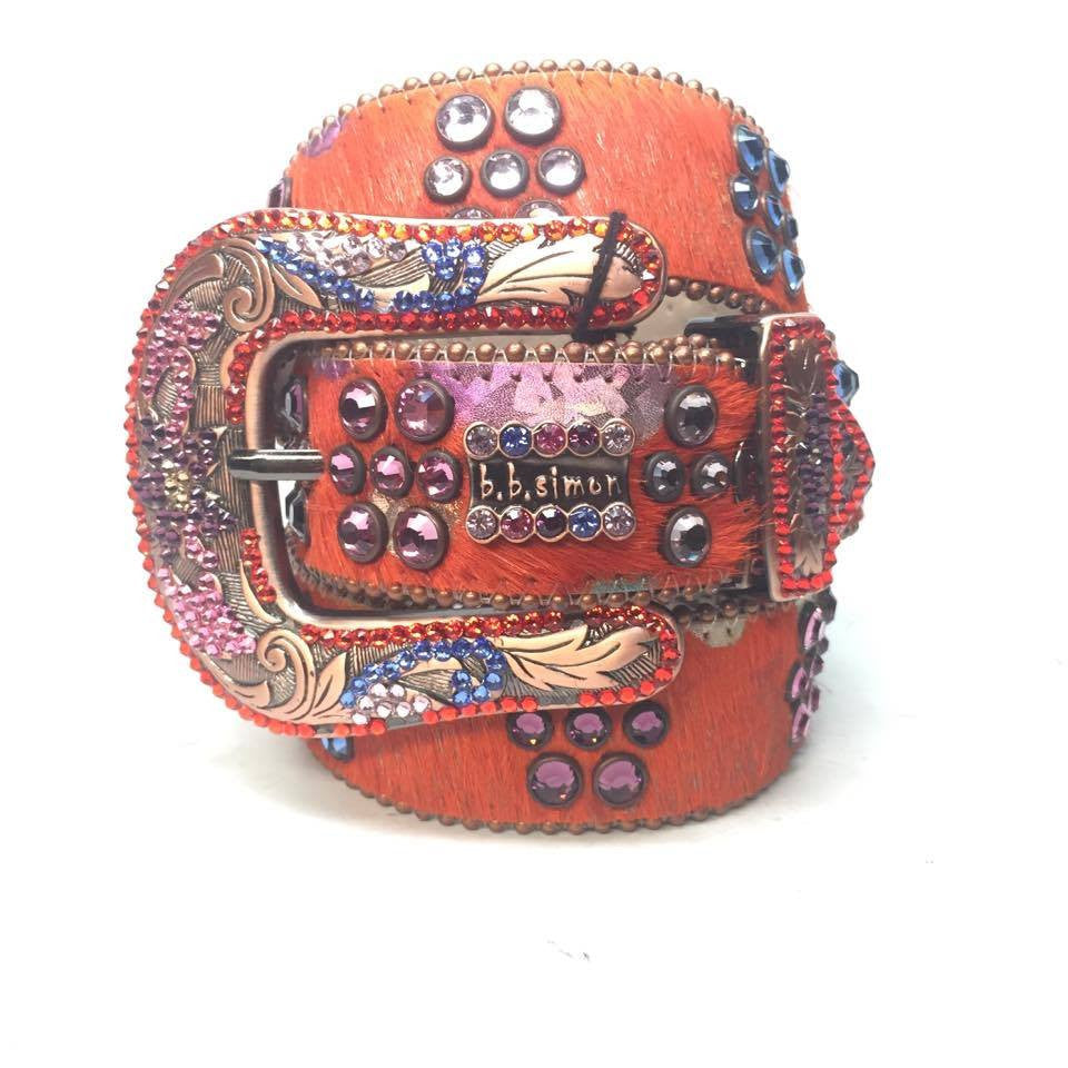 b.b. Simon Orange Multicolored Pony Hair Crystal Belt - Dudes Boutique