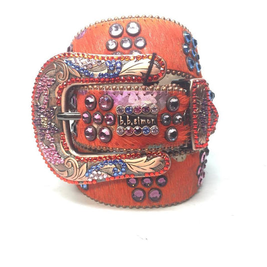 b.b. Simon Orange Multicolored Pony Hair Crystal Belt - Dudes Boutique