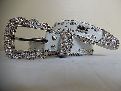 BB Simon Swarovski Crystal White Leather Belt 32 L New