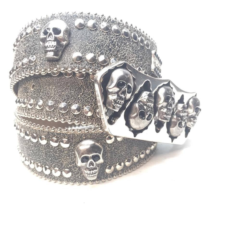 b.b. Simon Grey Double Studded Skull Crystal Belt - Dudes Boutique