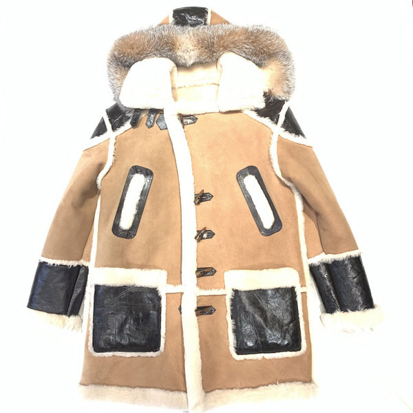 Daniels Leather Two Tone Leather Patch Fox Fur Hooded Trench Shearling Coat - Dudes Boutique