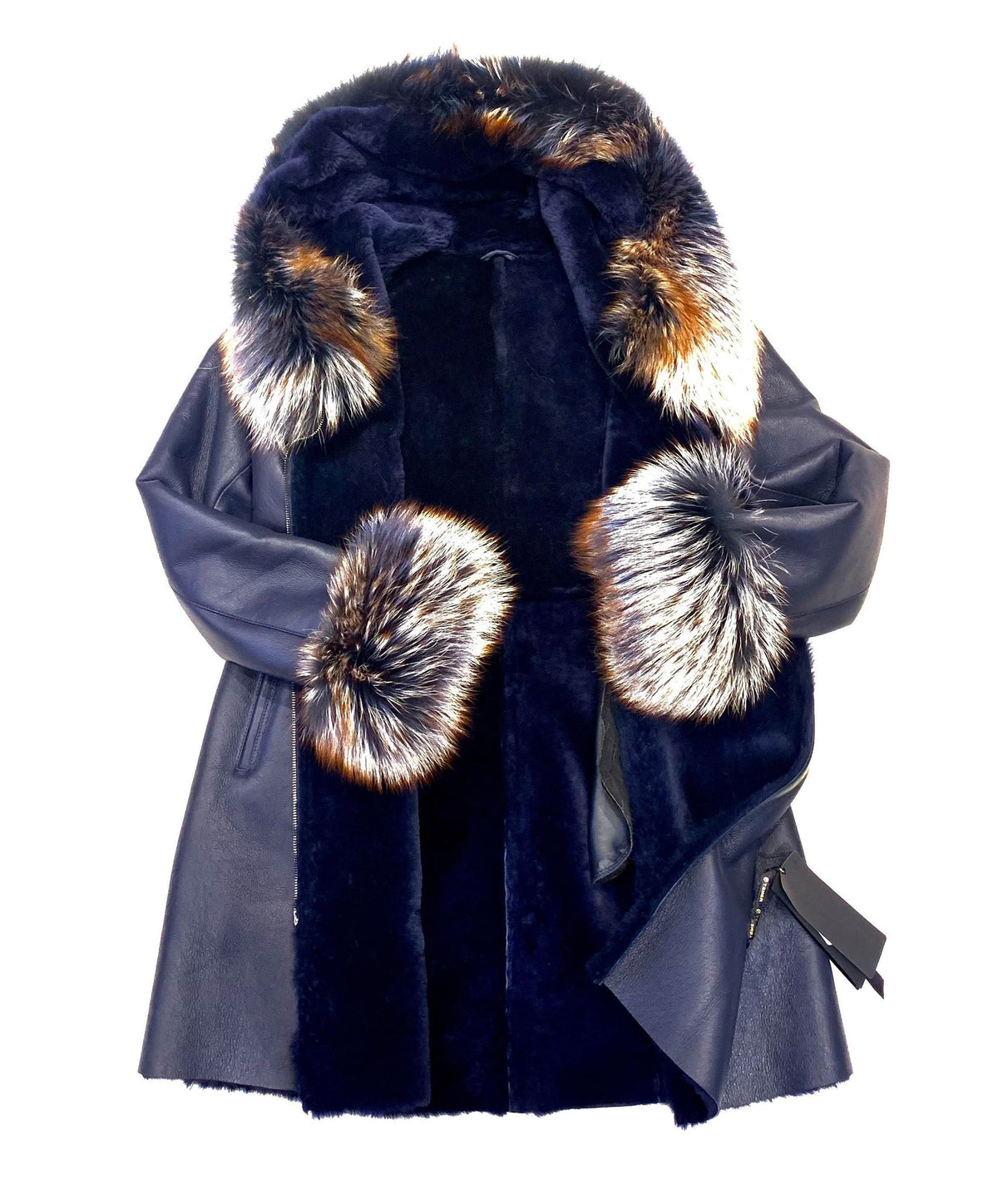 Temer Women's Navy Blue Fox Collar 3/4 Shearling Jacket - Dudes Boutique