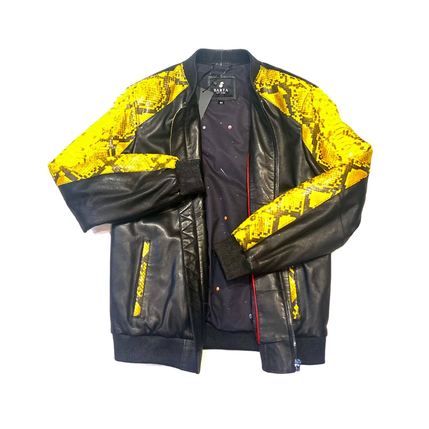 Barya NewYork Black-Yellow Python/ Lambskin Biker Jacket - Dudes Boutique