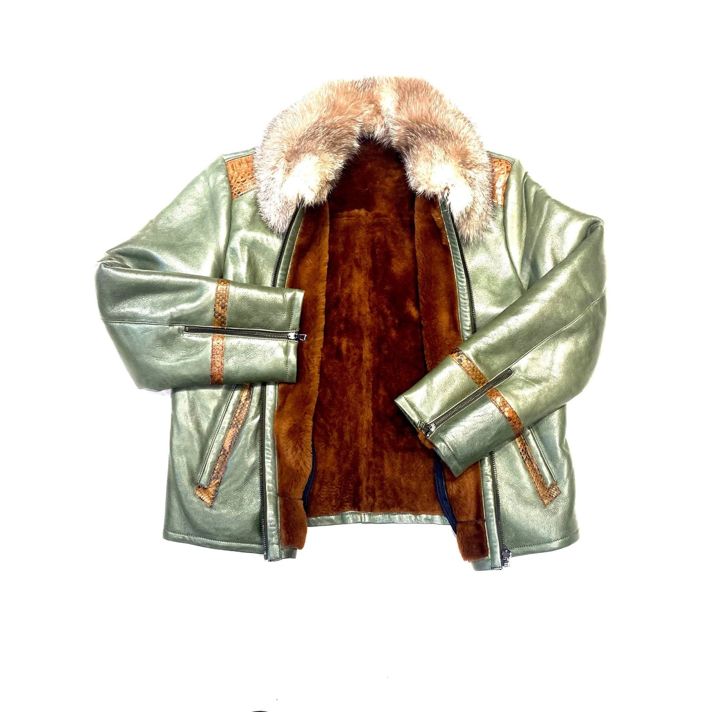 Barya NewYork Olive Cognac Python Fox Shearling Bomber Jacket - Dudes Boutique