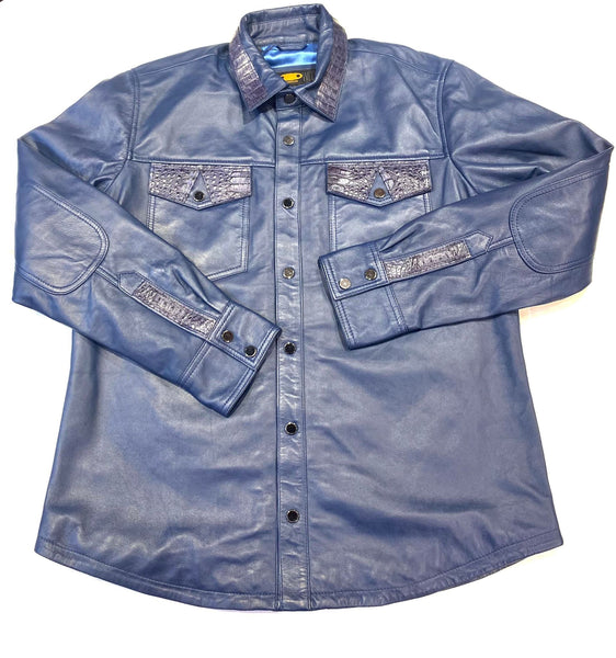 Kashani Men's Navy Blue Alligator/Lambskin Button-Up Shirt - Dudes Boutique