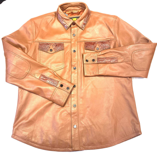 Kashani Men's Two Tone Brown Alligator/Lambskin Button-Up Shirt - Dudes Boutique
