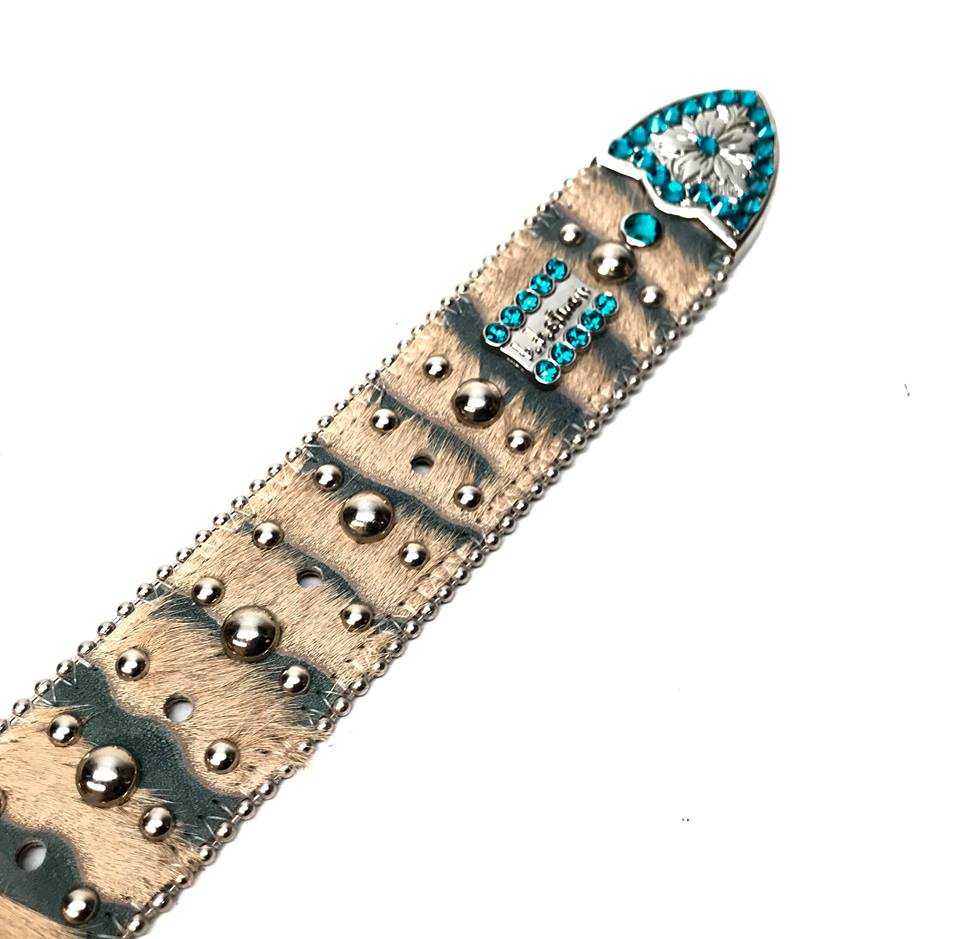 b.b. Simon Blue/Cream Pony Hair Crystal Belt - Dudes Boutique