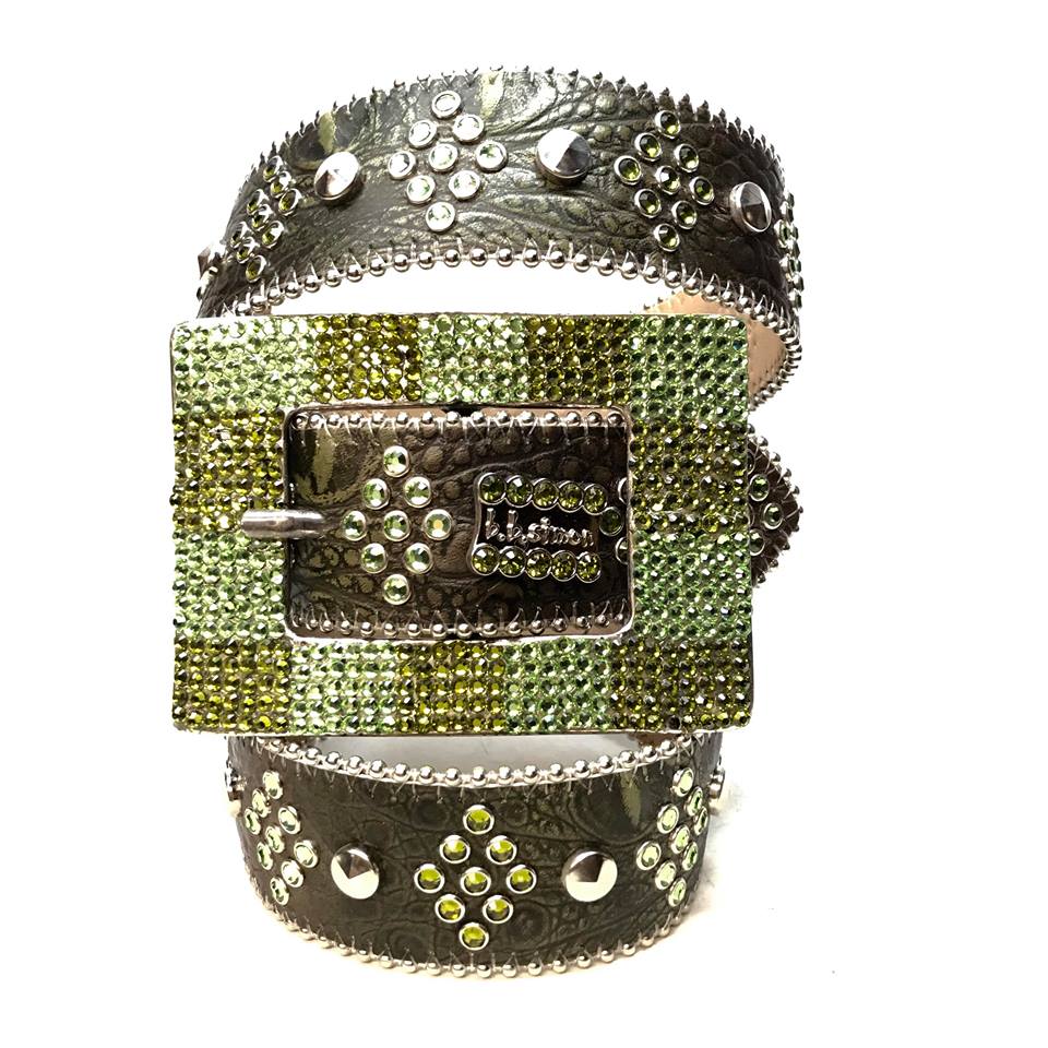 b.b. Simon Green Studded Leather Fully Loaded Big Block Crystal Belt - Dudes Boutique