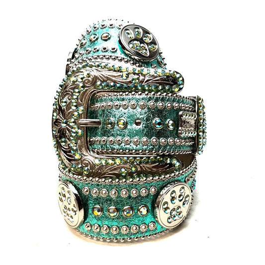 b.b. Simon Metallic Teal Paw Leather Crystal Belt - Dudes Boutique