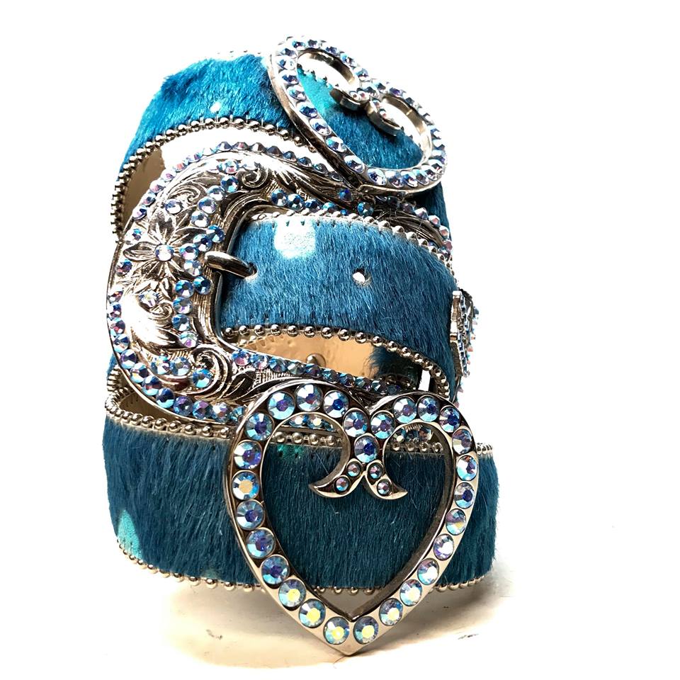 b.b. Simon Blue Heart Pony Hair Crystal Belt - Dudes Boutique