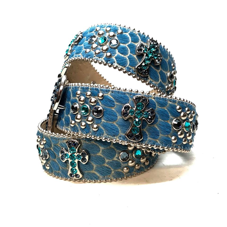 b.b. Simon Blue Pony Hair Cross Crystal Belt – Dudes Boutique
