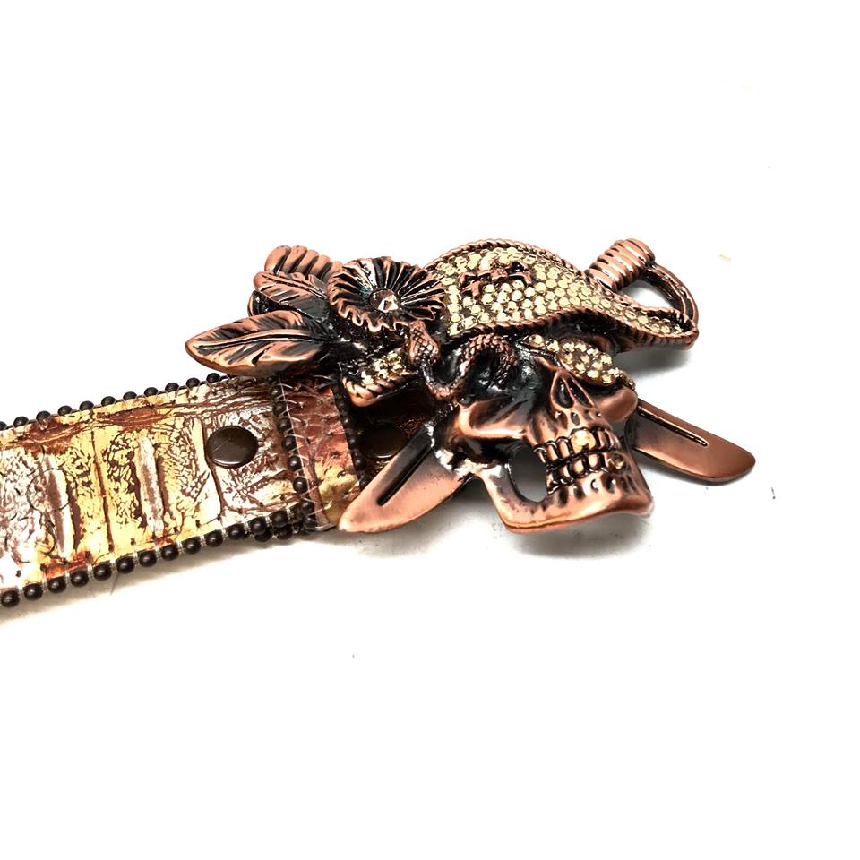 b.b. Simon Brown Pirate Skull Head Leather Crystal Belt - Dudes Boutique