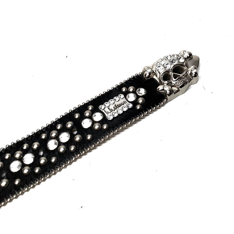 b.b. Simon Black Skull Studded Pony Hair Crystal Belt - Dudes Boutique