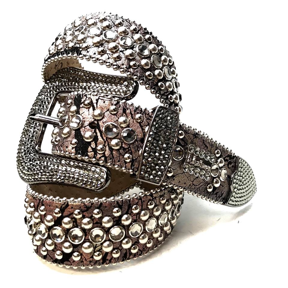 b.b. Simon Gray Crackle Leather Fully Loaded  Crystal Belt - Dudes Boutique