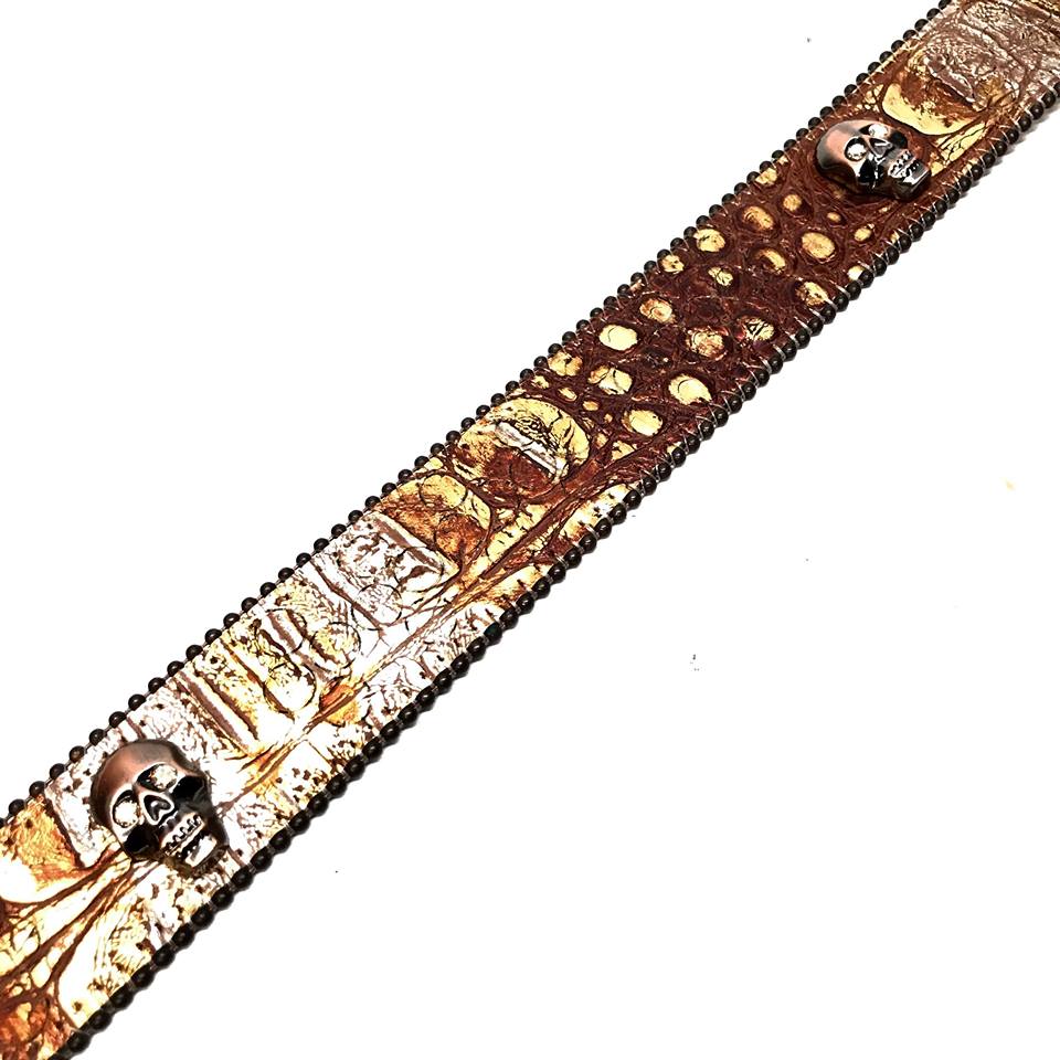 b.b. Simon Brown Pirate Skull Head Leather Crystal Belt - Dudes Boutique