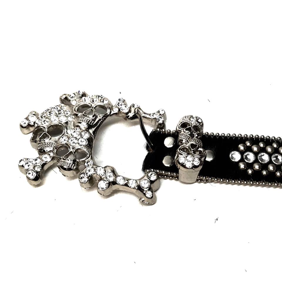 b.b. Simon Black Skull Studded Pony Hair Crystal Belt - Dudes Boutique