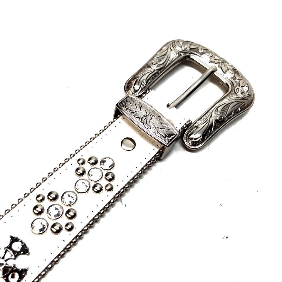 b.b. Simon White Iron Cross Leather Crystal Belt - Dudes Boutique