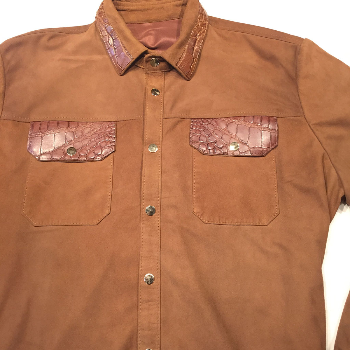 Kashani Brown Suede Alligator Button Up Shirt - Dudes Boutique