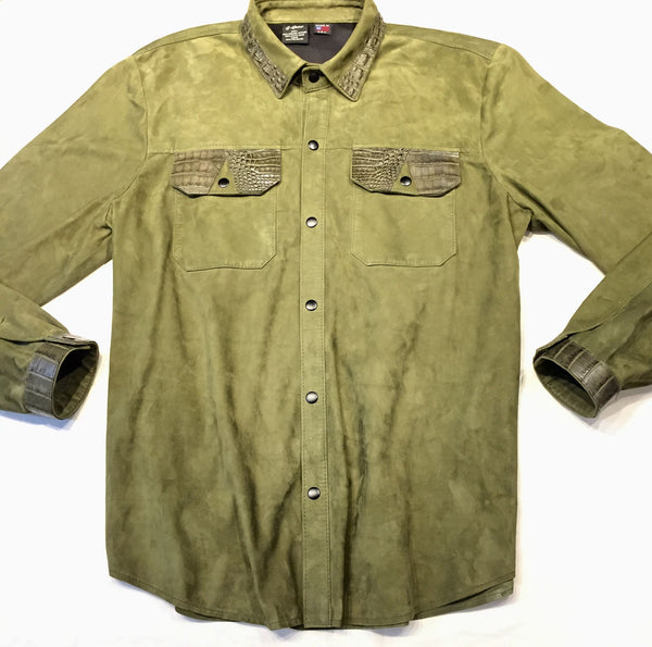 G-Gator Forest Green Suede Alligator Button Up Shirt - Dudes Boutique