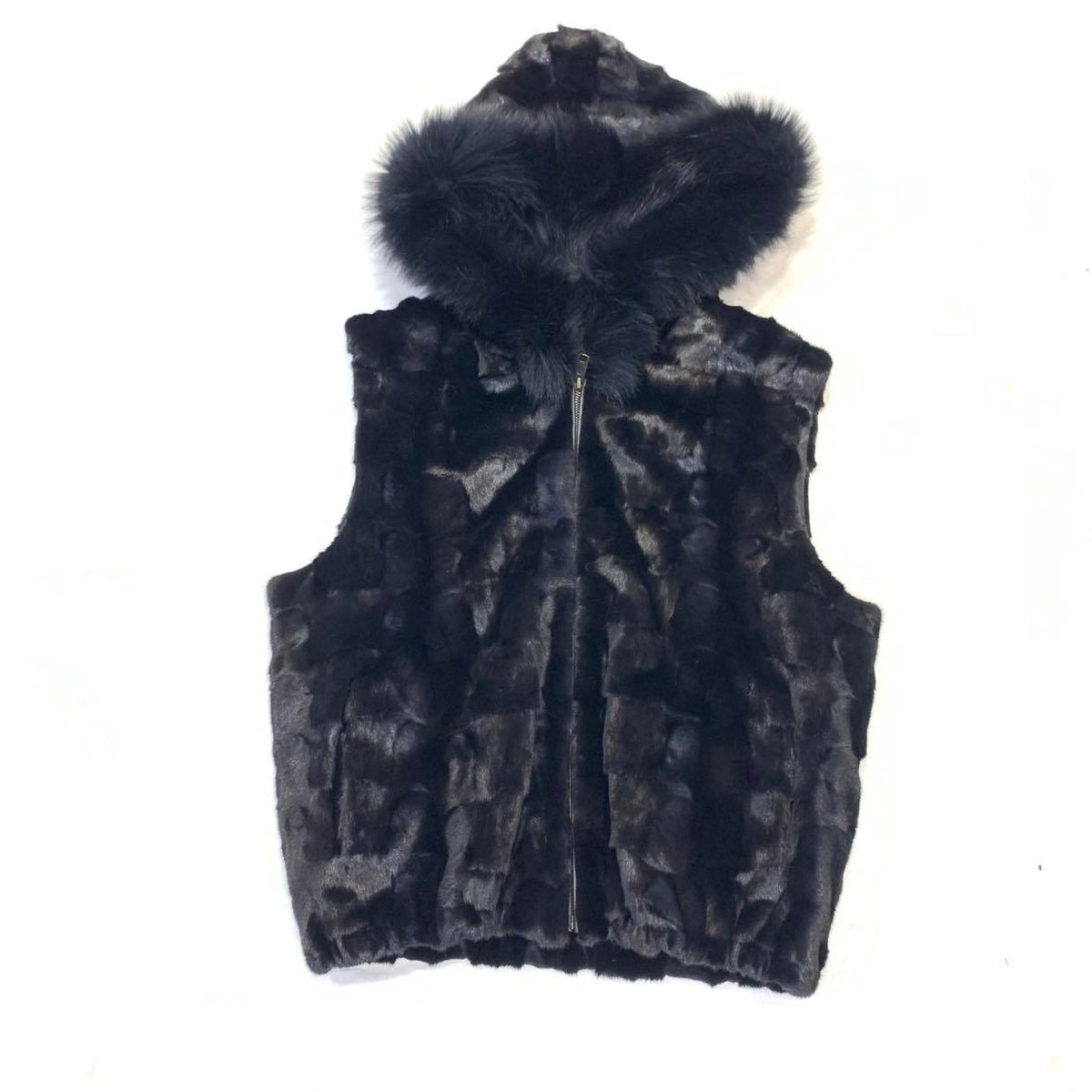 Kashani Black Mink Diamond Cut Fox Fur Hooded Vest - Dudes Boutique