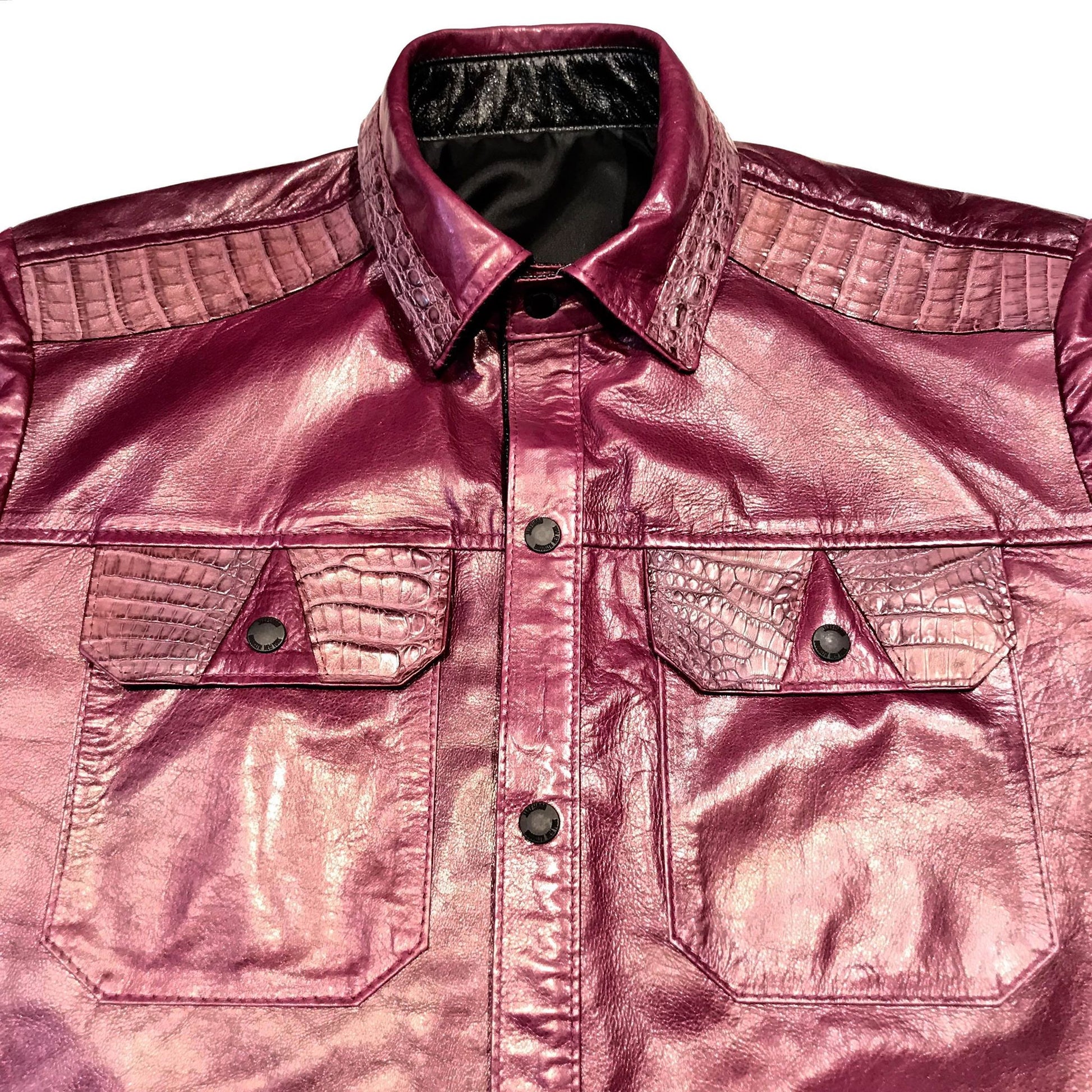Kashani Wine Waxed Crocodile Lambskin Button Up Shirt - Dudes Boutique