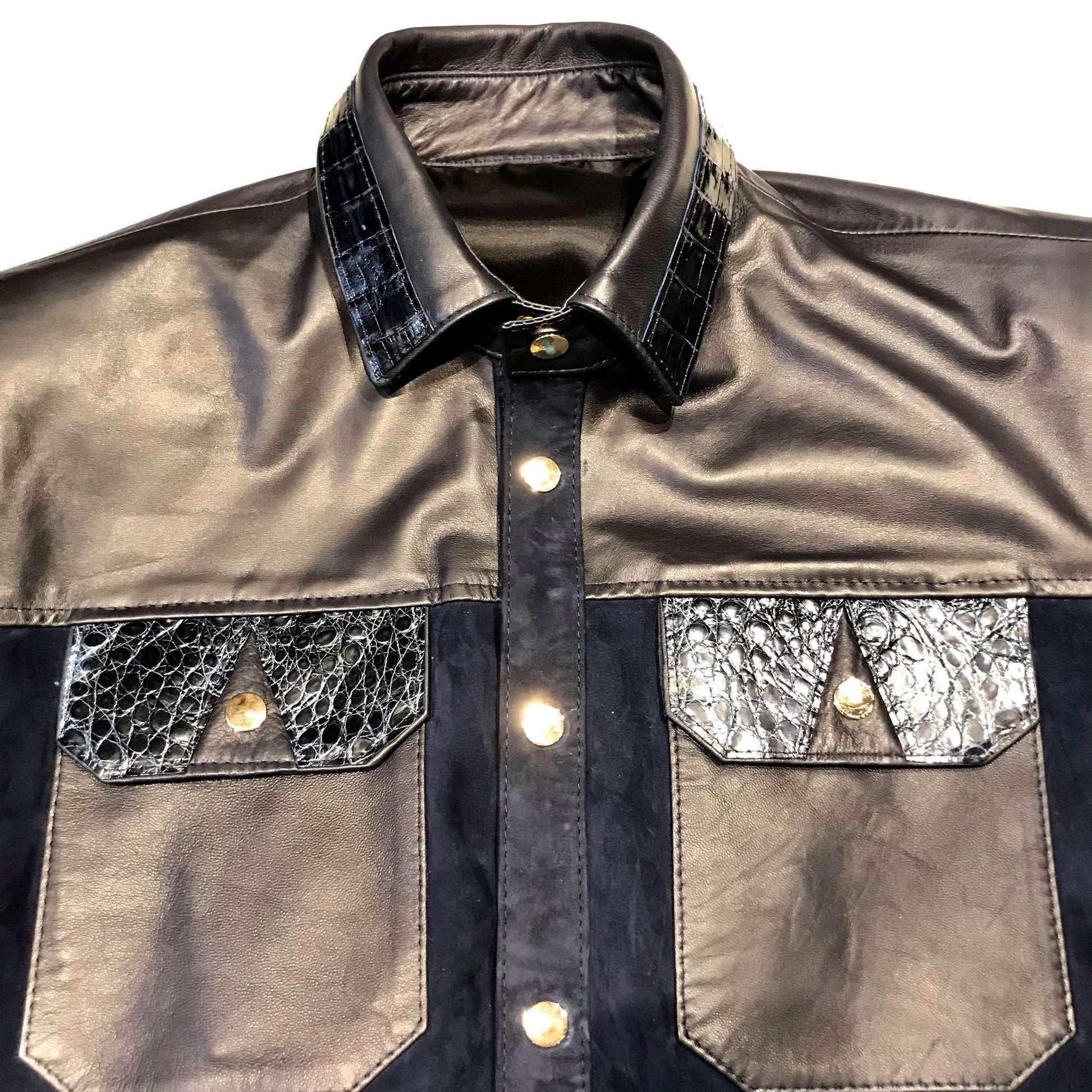Kashani Deep Navy Crocodile Suede Button Up Shirt - Dudes Boutique