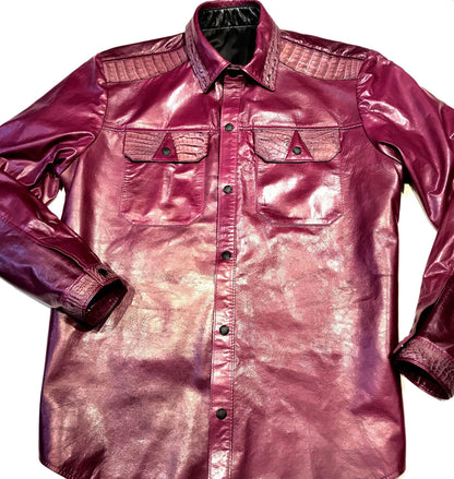 Kashani Wine Waxed Crocodile Lambskin Button Up Shirt - Dudes Boutique