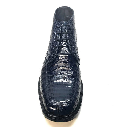 Los Altos Navy All over Crocodile Belly Lace-Up Dress Ankle Boots - Dudes Boutique
